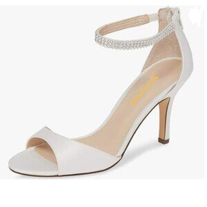 XYD White Open Toe Rhinestones Ankle Strap Sandals Mid Heel Bridal Evening Shoes
